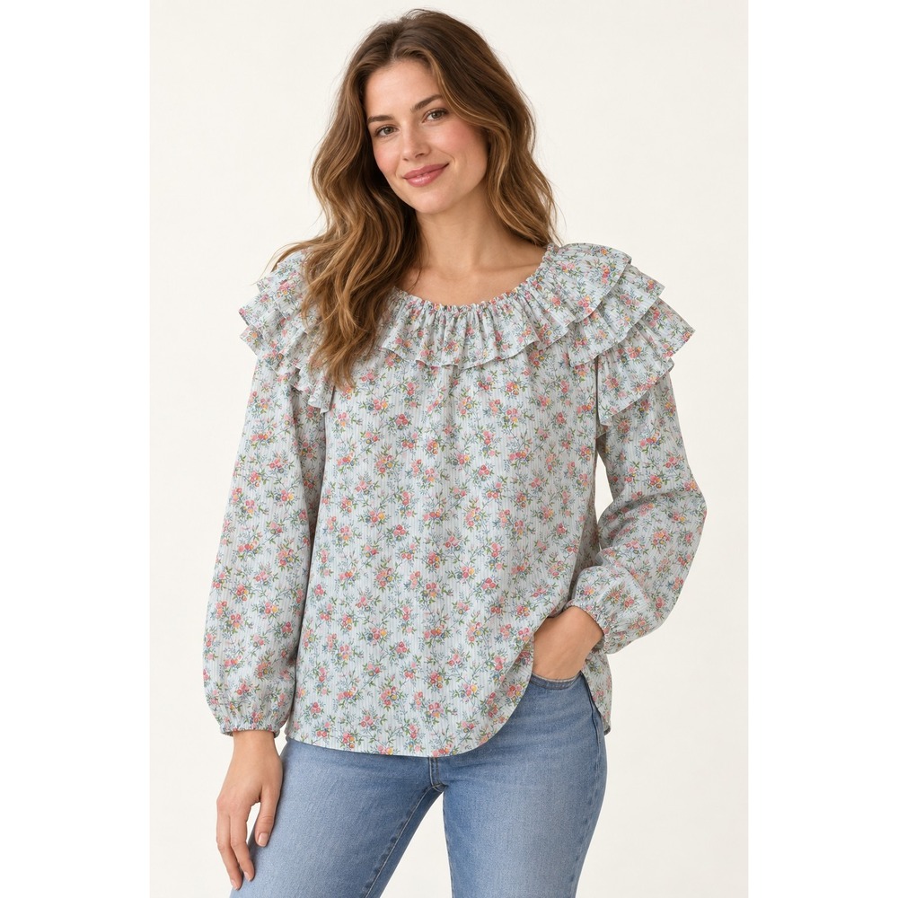 J.Crew Blue White Floral Pintuck Ruffle Neck Long Sleeve Top Sz M Boho Cotton